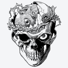 a drawing of a skull with roses on its head