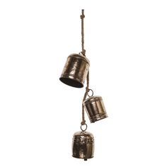 two metal buckets hanging from a rope on a white background in the shape of bells