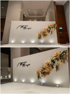 two pictures of flowers on a wall with the words mr and mrs