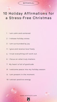 Create a peaceful holiday season with these affirmations! Declare "I am calm and centered" and "I release holiday stress" to invite joy and gratitude. Focus on what truly matters, trust everything will work out, and welcome peace into your holiday moments. Save this Pin for a stress-free Christmas! #HolidayAffirmations #StressRelief #GratitudePractice #MindfulLiving #ChristmasJoy