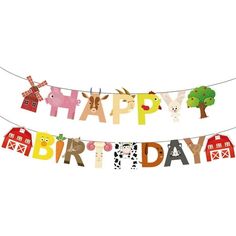 a happy birthday banner with farm animals on it