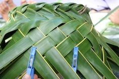 a person is making a woven basket out of palm leaves with blue tape and scissors