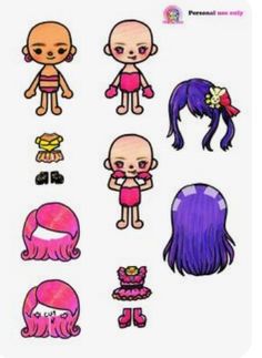 some cartoon character stickers on a white sheet with pink hair and purple wigs