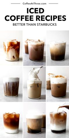 iced coffee recipe in glass cups with text overlay that reads iced coffee recipes better than starbucks