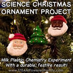 christmas ornaments hanging from a tree with text reading science christmas ornament project milk plastic chemistry