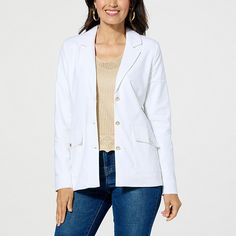 Jaclyn Smith Stretch Linen Blazer  Show you mean business in this timeless blazer design from Jaclyn Smith. With a three-button closure, shoulder pad detail, and a sharp notched collar that creates a tailored appearance, this jacket is a classic. This one was made in an easy stretch linen blend that keeps you cool and casual so you can look sharp all day long (think: minimal wrinkling). Casual Button-up Career Blazer, Casual Button-up Blazer For Career, Office Button-up Blazer With Snap Buttons, Notch Lapel Blazer With Snap Buttons For Work, Office Blazer With Snap Buttons, Casual Career Blazer With Button Closure, White Blazer With Snap Buttons For Work, Business Casual Blazer With Lapel Collar And Snap Buttons, Business Casual Blazer With Snap Buttons And Lapel Collar