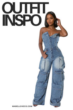 Cargo Jumpsuit, Outfit References, Stylish Jumpsuit, Denim Outfits, Stretch Denim Fabric, Denim Cargo, Denim Outfit, Denim Fabric, Tube Top