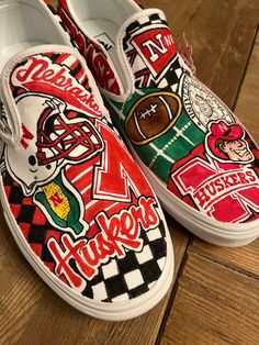 These custom hand painted sneakers were created for an incoming University of Nebraska at Lincoln college freshman message me to create your own custom pair! School Spirit Shoes Painted, Casual Hand Painted Slip-on Custom Sneakers, Hand Painted Slip-on Casual Sneakers, Casual Hand Painted Slip-on Sneakers, Casual Custom Artwork Slip-on Sneakers, Casual Red Sneakers With Custom Artwork, Custom Artwork Sporty Sneakers, Custom Artwork Sporty Sneakers With White Sole, Sporty Custom Sneakers With Artwork And White Sole