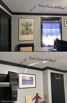 before and after photos of a home office makeover, with the same paint job on the ceiling