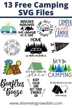 camping svg files with the text free camping svg files on top and below