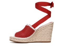 An icon for spring, this espadrille wedge sandal abounds with feminine style and versatility, confirmed by a tall silhouette and chic ankle tie. Fabric and synthetic leather upper made from partially recycled material. Ankle-tie closure. Open toe. Jute-wrapped wedge heel. Raffia or Fabric upper, Ankle wrap lace up closure,4\ espadrille wedge heel, Open toe, Polyurethane footbed, Synthetic outsole | Women's Franco Sarto Sierra Espadrille Wedge Sandals in Cherry Red Raff Size 9 Spring Adjustable Wedge Heel Sandals, Spring Vacation Wedge Sandals With Wrapped Heel, Espadrille Wedge Heels For Spring, Spring Espadrille Wedge Heels, Chic Lace-up Wedge Heel Sandals For Spring, Summer Espadrille Sandals With Wrapped Heel, Spring Vacation Wedge Sandals With Heel Strap, High Heel Synthetic Espadrilles For Spring, Synthetic High Heel Espadrilles For Spring