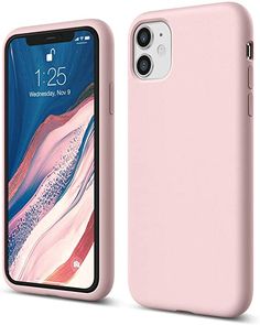 an iphone case is shown with the back cover open and it's light pink