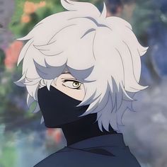 an anime character with white hair wearing a black mask and looking off to the side