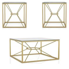 three tables with glass top and gold metal frame, each side by side on a white background