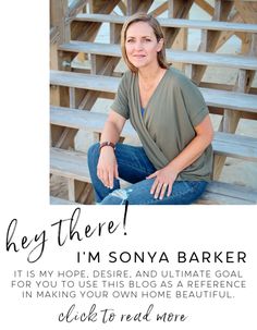 a woman sitting on top of a wooden bench next to a fence with the words, hey there i'm sonya barker