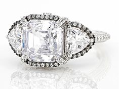 Judith Ripka 11.12ctw Asscher Cut Square and Trillion Bella Luce® Diamond Simulant Rhodium Over Sterling Silver Toujours Ring. Measures approximately 0.86"L x 0.49"W. Not sizeable. Judith Ripka, Asscher Cut, Diamond Simulant, Cubic Zirconia, Sterling Silver, Square, Ring, Silver, White