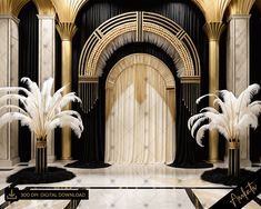 an art deco style hall with black and gold decor, tall white pamonds and columns