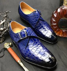 Formal Business Comfortable Alligator Skin Single Monk Strap Shoes For Men-Blue-Display Finsbury Shoes, Wedding Shoes Men, Unique Wedding Shoes, Blue Dress Shoes, Quality Leather Boots, Crocodile Shoes, Custom Design Shoes, Alligator Skin, Monk Strap Shoes