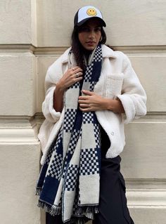 Scarf   100% polyester  Hero Image: Jess  Soft knit material   Check print   Good stretch   Frayed edges     Length: 200cm / 78.7in   Width: 68cm / 26.7in Scarf Winter Outfit, Black Flared Jeans, Hero Image, Check Scarf, Faux Fur Material, Fluffy Jacket, White Scarf, White Scarves, Checked Scarf