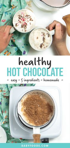 the recipe for healthy hot chocolate is shown in three different bowls, including one with ice cream