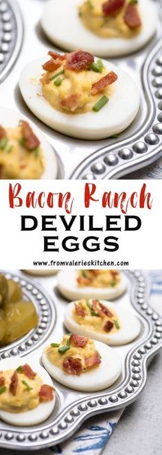 bacon and egg deviled eggs on a platter