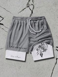 Men's Letter & Cross Print Drawstring Waist Loose Casual Double Layer Shorts Multicolor Casual   Knitted Fabric Letter,Plants Track Shorts High Stretch  Men Clothing, size features are:Bust: ,Length: ,Sleeve Length: Drop Shoulder Tee, Fitted Joggers, Estilo Hip Hop, Compression Pants, Track Shorts, Sports Suit, Printed Drawstring, Casual Streetwear, Kids Sleepwear