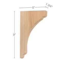 an unfinished wooden shelf bracket with measurements for the top and bottom section, shown from the side