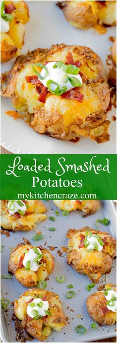 loaded smashed potatoes with cheese and sour cream on top are the perfect appetizer for any party