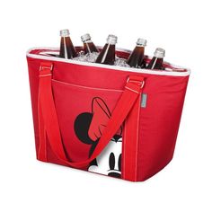 a red cooler bag with mickey mouse on it and six bottles in the bottom compartment