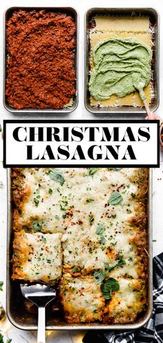 christmas lasagna recipe in four pans with the title overlay above it