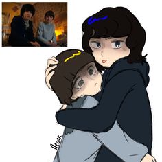 two people hugging each other in front of a photo and an image of the same person