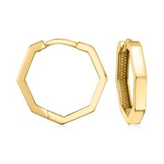 Ross-Simons - 14kt Yellow Gold Hexagonal Hoop Earrings. 5/8". Refresh your style with classic-meets-playful accessories. Our hexagonal hoop earrings shine in polished 14kt yellow gold and give a good name to the geometric trend. Hanging length is 5/8". Hinged post, 14kt yellow gold hexagonal hoop earrings. Fine Jewelery, Fine Jewellery Earrings, Jewelry Earrings Hoops, Fine Jewelry, Jewelry Earrings, Hoop Earrings, Yellow Gold, Yellow, Gold