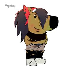 a cartoon dog with a red bow on its head and black hair, wearing shorts