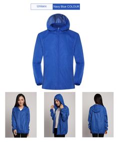 Workout Series UV Jacket Functional Blue Windbreaker For Fall, Blue Windbreaker For Fall Outdoor Activities, Blue Functional Hooded Jacket For Fall, Functional Blue Hooded Jacket For Fall, Blue Sports Windbreaker For Fall, Blue Windbreaker With Pockets For Outdoor, Blue Windproof Long Sleeve Hooded Jacket, Functional Blue Raincoat With Pockets, Blue Functional Hooded Jacket For Hiking