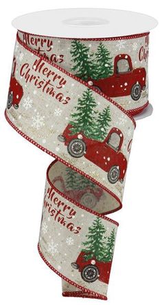 two rolls of christmas ribbon with red truck and pine trees on them, one roll is white