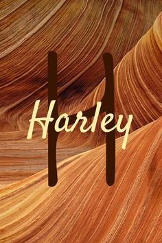 the word harley written in gold and brown on a background of wavy rocks