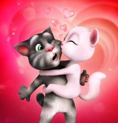 a couple of cats that are hugging each other on a pink and red background with hearts