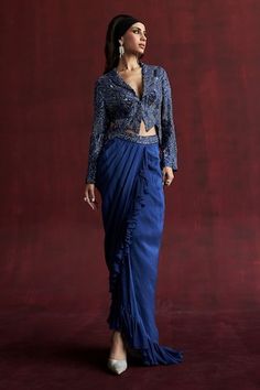 Electric blue jacket sequins and cutdana embroidery in geometric pattern. Paired with an embroidered draped frill skirt. - Aza Fashions Cutdana Embroidery, Blue Organza, Frill Skirt, Draped Skirt, Skirt For Women, Embroidered Jacket, Blue Jacket, Rococo, Aza Fashion