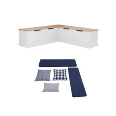 a white bench with cushions and pillows on the bottom, next to it's storage compartment