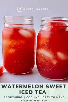 Jars filled with cold watermelon iced tea Watermelon Iced Tea, Watermelon Drink Recipes, Watermelon Tea, Watermelon Drink Nonalcoholic, Watermelon Tea Recipe, Watermelon Appetizer, Watermelon Recipes Drinks, Melon Tea, Sweet Tea Recipes