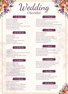 the wedding checklist is shown in purple and orange flowers with gold trimmings