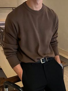 Men's Casual Lightweight Long Sleeve Sweater Brown Casual  Long Sleeve Fabric Plain Pullovers Medium Stretch  Men Clothing, size features are:Bust: ,Length: ,Sleeve Length: Inverted Triangle Outfits Men, Connell Waldron, Winter Dark, Herren Style, Autumn Fits, Brown Outfit