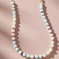 Offers Welcome This Anthropologie Beaded Rainbow Pearl Necklace Is Made Of White Glass Pearls With Different Color Rainbow Seed Beads In Between The Pearls. Necklace Closes With A Gold Lobster Clasp Closure. Necklace Length Is 16" With Extender So You Can Make It Longer Or Shorter. Pearl Size Approximately 6mm. Beaded Rainbow, Cowgirl Necklaces, Bead Creations, Zodiac Pendant Necklace, Rainbow Pearl, Boho Cowgirl, Biwa Pearls, Stone Choker, Fun Jewelry