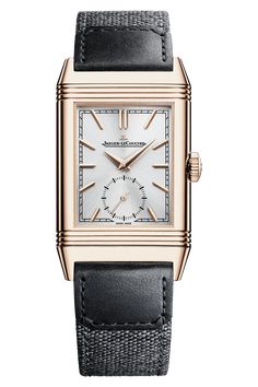 Equipped with Manufacture Calibre 822, each component of which is meticulously decorated, the Reverso Tribute... Small Seconds elegantly marks the passing of time. Only 7.56 mm thick, its reversible pink gold case alone contains more than 50 components, a testament to its complexity and the hours put into its design. The silver color of its sunray dial highlights the applied hour markers, the Dauphine hands and the small seconds hand. Beneath this apparently simple dial, a tribute to the first Reverso models of the 1930s, lies a reverse that can be personalised with a date, motif, initials, etc. A pair of interchangeable straps - one bi-material (leather and canvas) in the Casa Fagliano design, the other in alligator leather - invites the owner of the watch to change styles freely and easi Luxury Engraved Watches For Business, Jaeger Lecoultre Reverso, Jaeger Lecoultre, Rose Gold Case, Rolex Oyster Perpetual, Royal Oak, Gold Case, Luxury Watches For Men, Patek Philippe