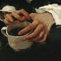 a painting of two hands holding a white cup with something in it's left hand