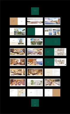 a series of photos showing different rooms and furniture in green, beige and white colors