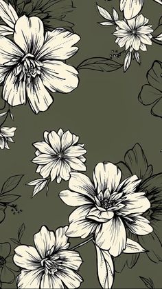 black and white flowers on a green background