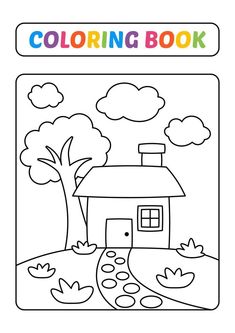 a coloring book with a house and trees in the background, on a white background