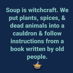 soup is witchcraft we put plants, spices and dead animals into a cauldron & follow instructions from a book written by old people