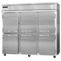 an industrial refrigerator with six doors and four drawers on the front, in stainless steel